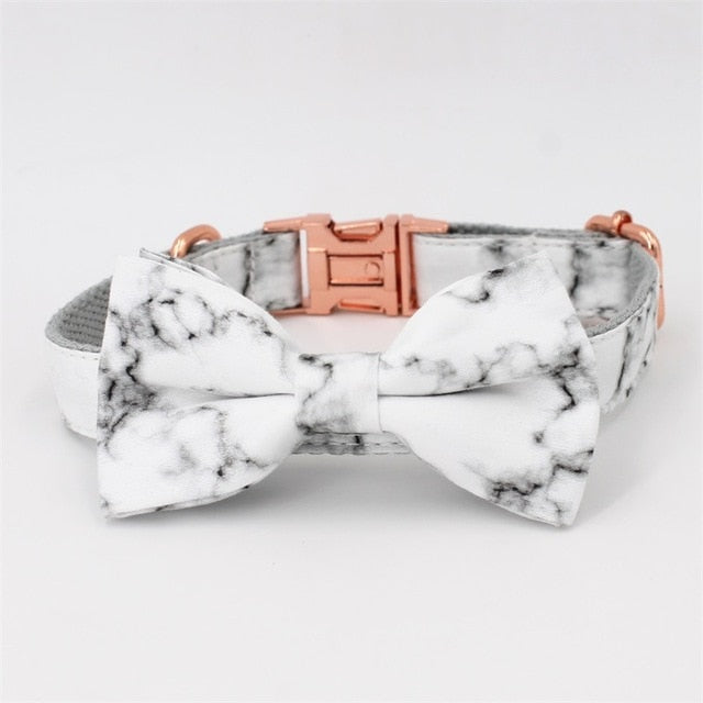 Marble Dog collar with bow tie personal custom  adjustable