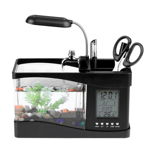 Aquarium USB Mini Aquarium Fish Tank Aquarium with LED Lamp Light LCD Screen and Clock